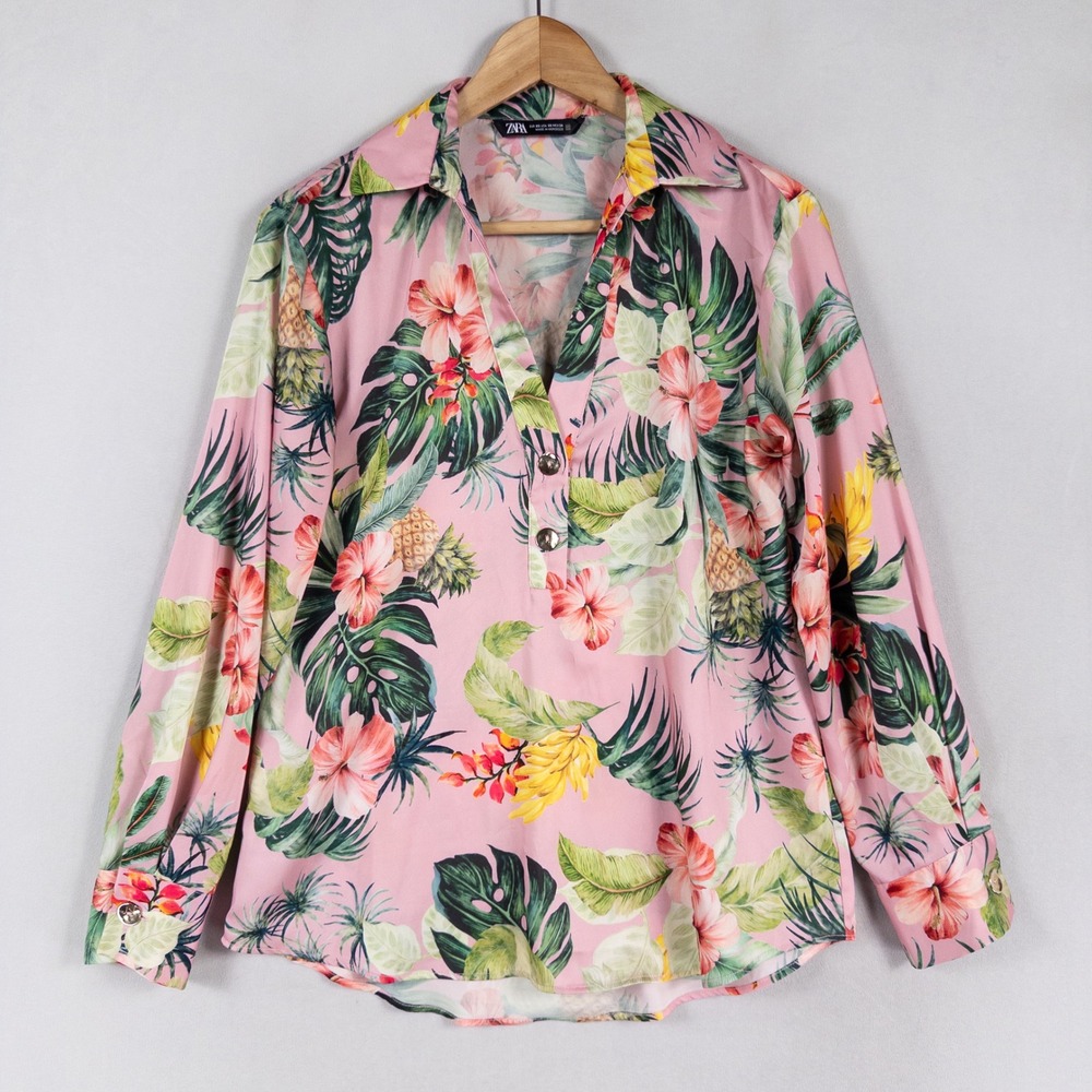Zara Womens Blouse XS Pink Tropical Floral Pineapple Hibiscus Aloha Popover